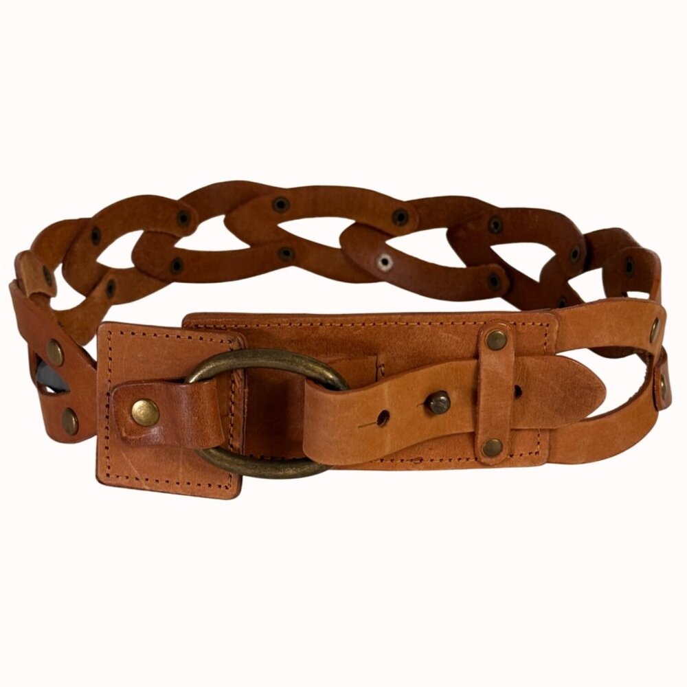 Rustic Boho Link Leather Belt Size S Brass Studs Adjustable Buckle Hippie VTG